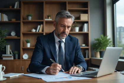 Homme d'affaires en costume bleu dans un bureau moderne