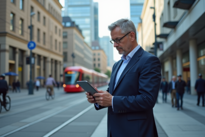 Homme d'affaires en costume dans la ville moderne