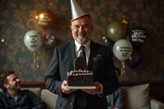 Homme d'âge moyen en costume noir avec chapeau drôle fête anniversaire