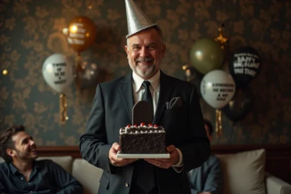 Homme d'âge moyen en costume noir avec chapeau drôle fête anniversaire