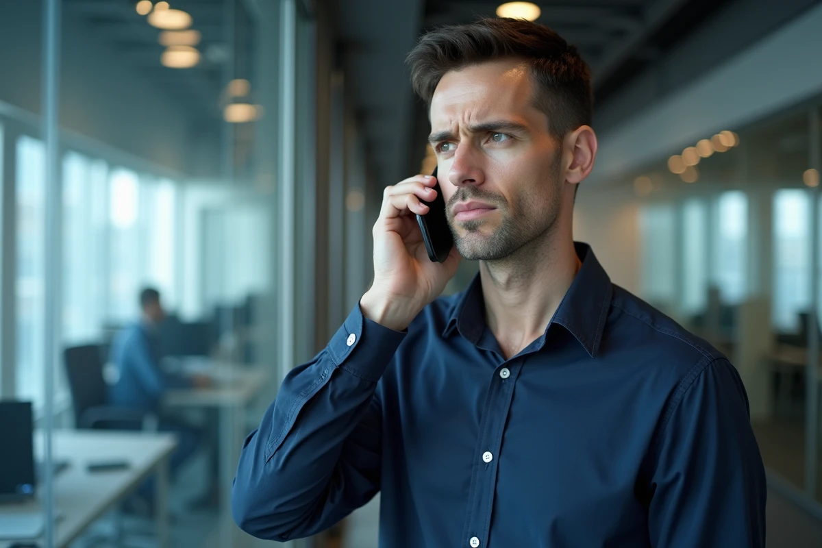 Homme au bureau recevant un appel téléphonique suspect depuis un numéro inconnu