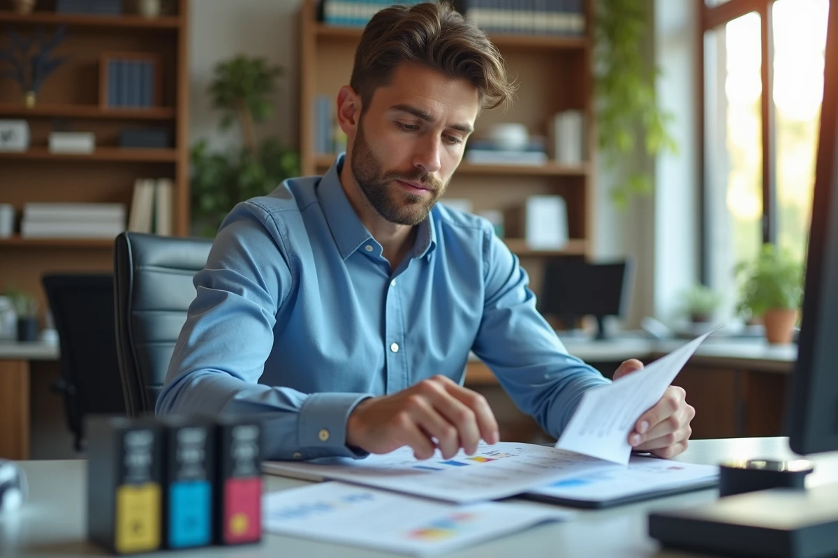Jeune homme au bureau compare cartouches d'encre et prix