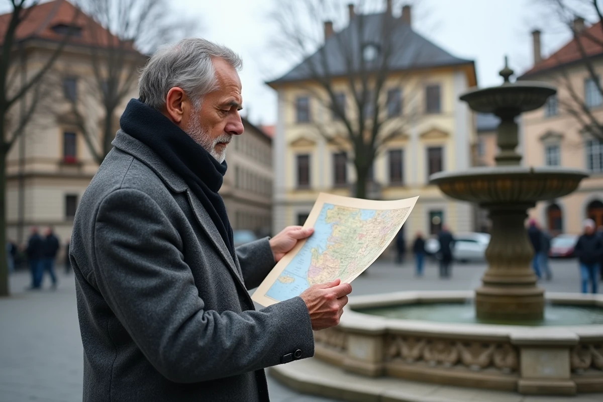 Homme serbe consultant une carte de Serbie sur une place historique en automne