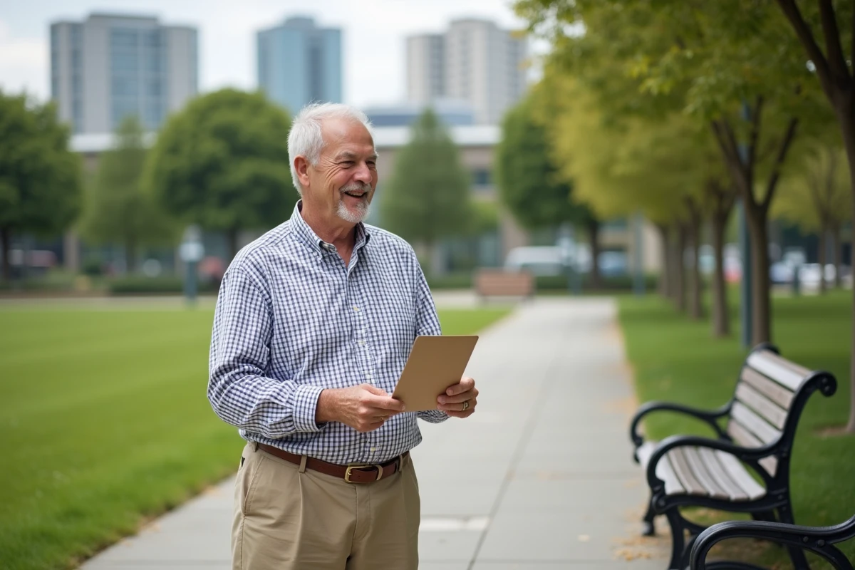 Homme âgé souriant offrant une carte dans un parc urbain