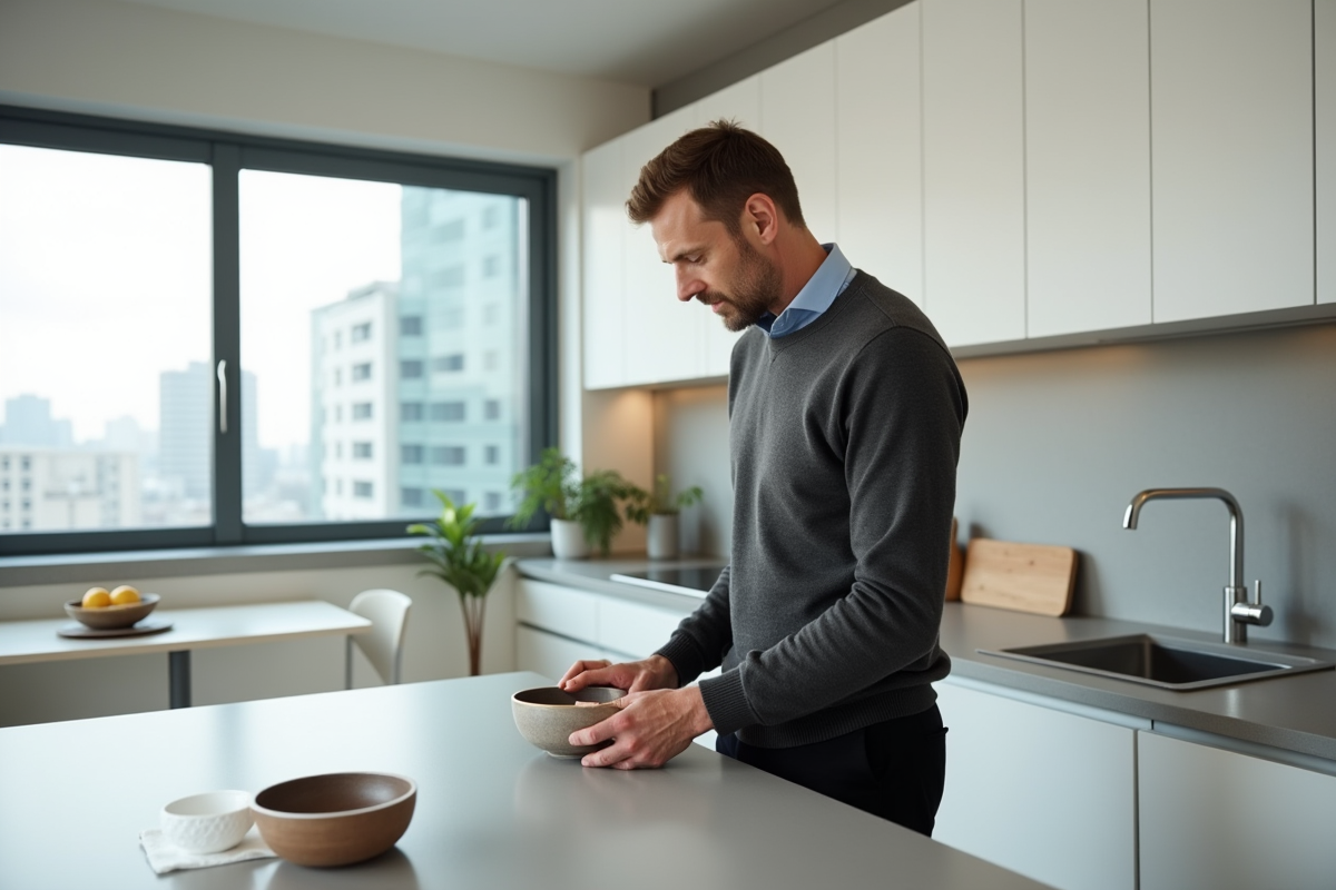 Homme arrangeant un bol en céramique dans la cuisine lumineuse