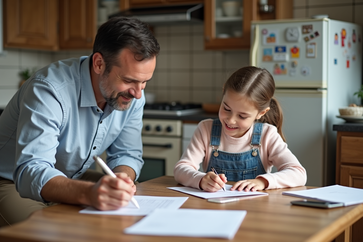 Homme et fille remplissant des papiers à la cuisine chaleureuse