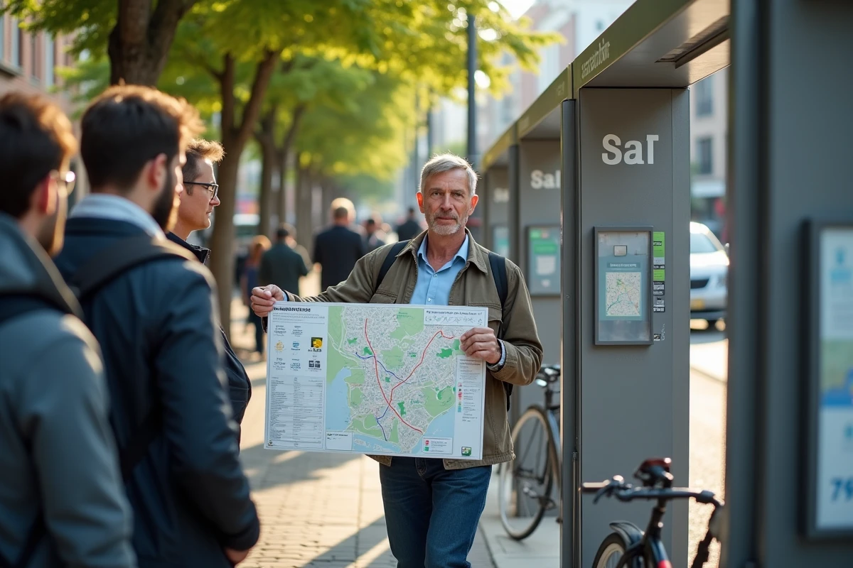 Homme explique routes avec groupe devant station vélo