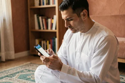 Homme consultant les horaires de prière Marseille sur smartphone depuis son appartement