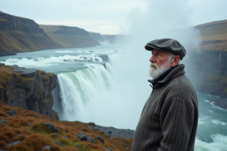 Homme islandais âgé près de la cascade de Gullfoss