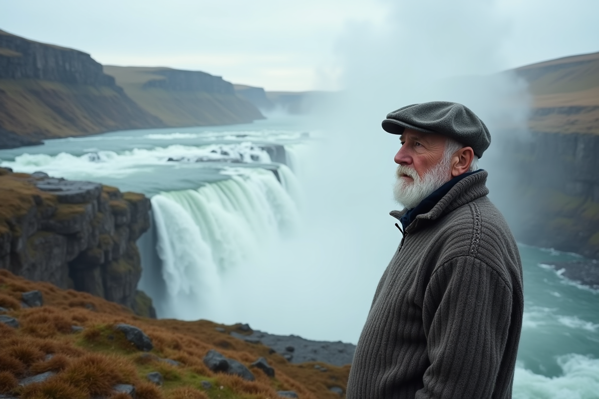 Homme islandais âgé près de la cascade de Gullfoss