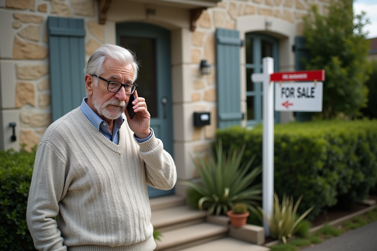 Homme âgé devant une maison avec panneau vente
