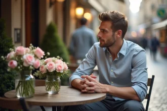 Homme pensif devant deux bouquets de fleurs en café