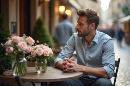 Homme pensif devant deux bouquets de fleurs en café