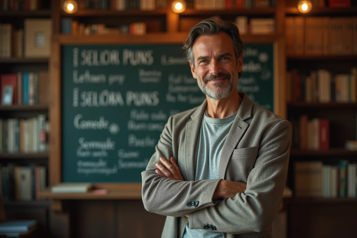 Homme expliquant des jeux de mots français devant un tableau noir dans une librairie