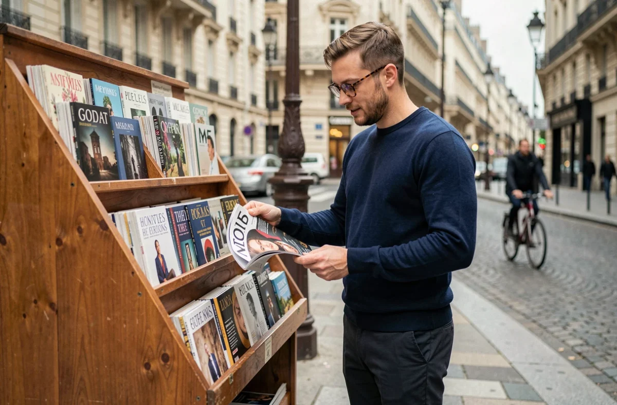Homme parcourant des magazines culturels à un kiosque de presse dans une rue parisienne animée