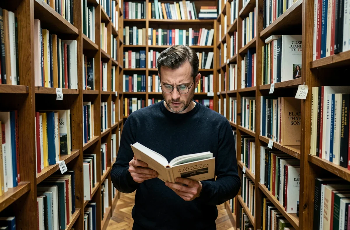 Homme feuilletant un recueil de citations d'auteurs français dans une librairie indépendante
