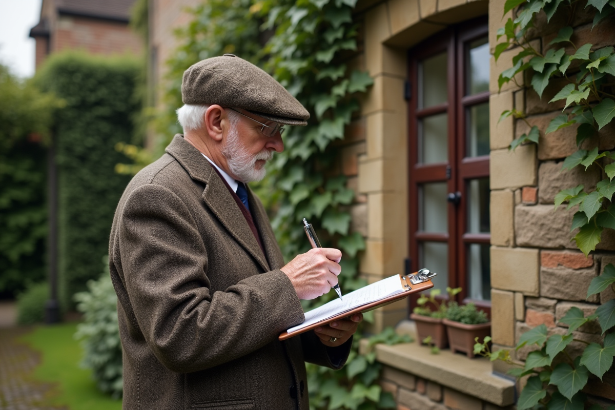 Homme âgé inspectant la façade d