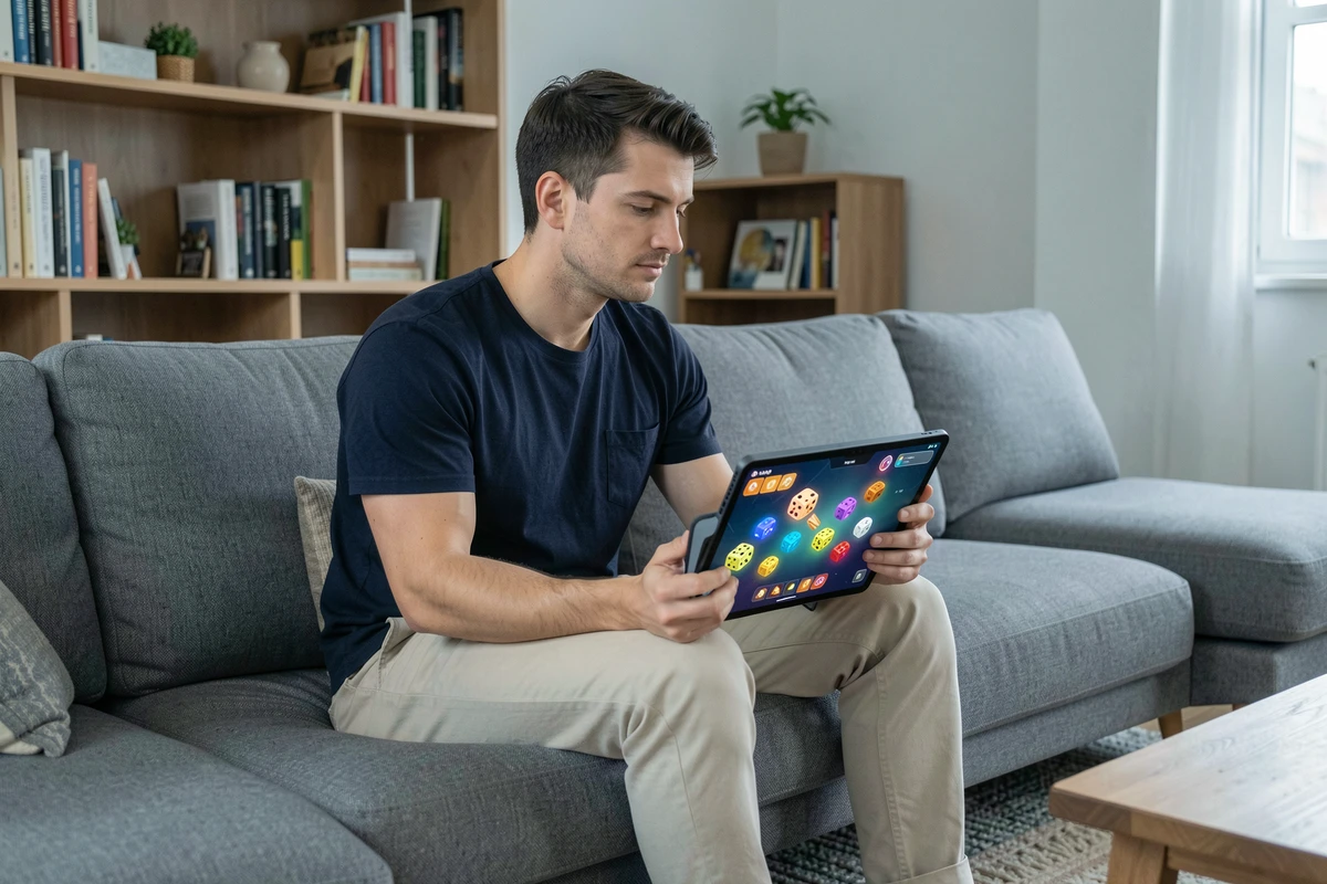 Homme consultant une application de jeu Monopoly GO sur tablette dans un salon