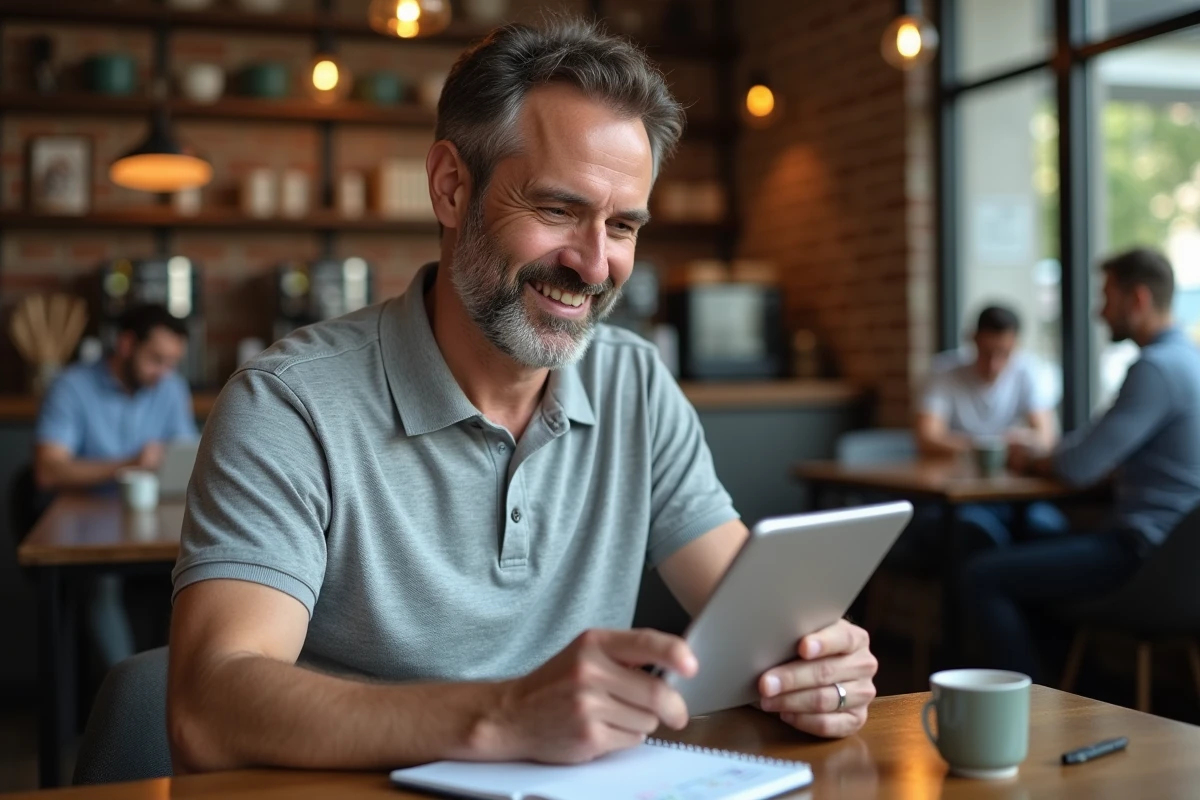 Homme dans un café consultant ses notes manuscrites pour retrouver son mot de passe Codycross sur tablette