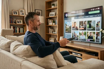Homme parcourant le guide des programmes sur Orange TV dans son salon moderne pour choisir son option d'enregistrement