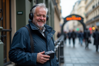 Homme souriant avec radio près d'une entrée de métro parisien