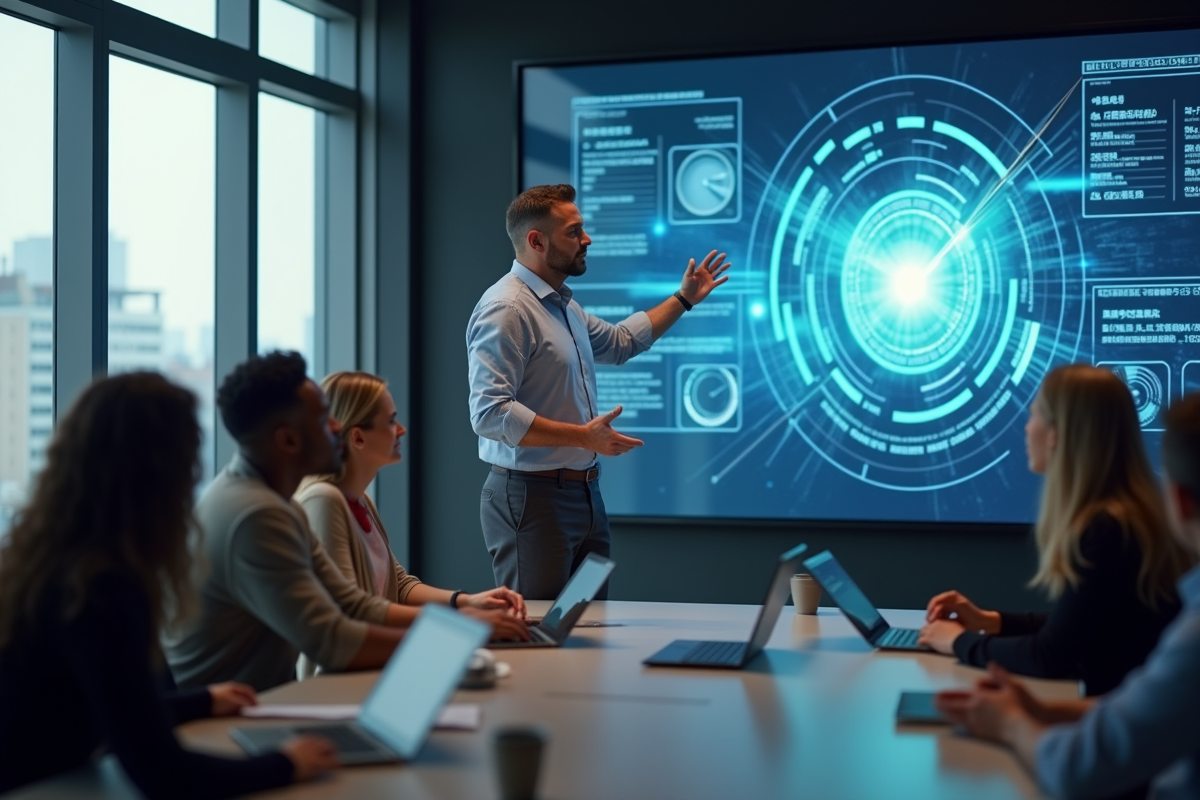 Homme expliquant des tendances technologiques devant un mur digital