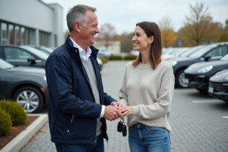 Homme souriant remettant des clés à une femme dans un concessionnaire
