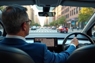 Homme d'âge moyen dans une voiture autonome en ville
