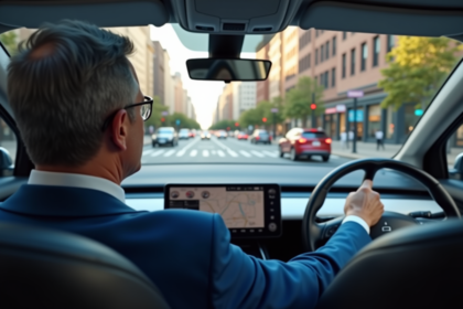 Homme d'âge moyen dans une voiture autonome en ville