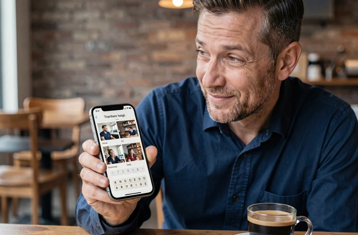 Homme tenant un smartphone avec le jeu 4 images 1 mot 9 lettres dans un café moderne