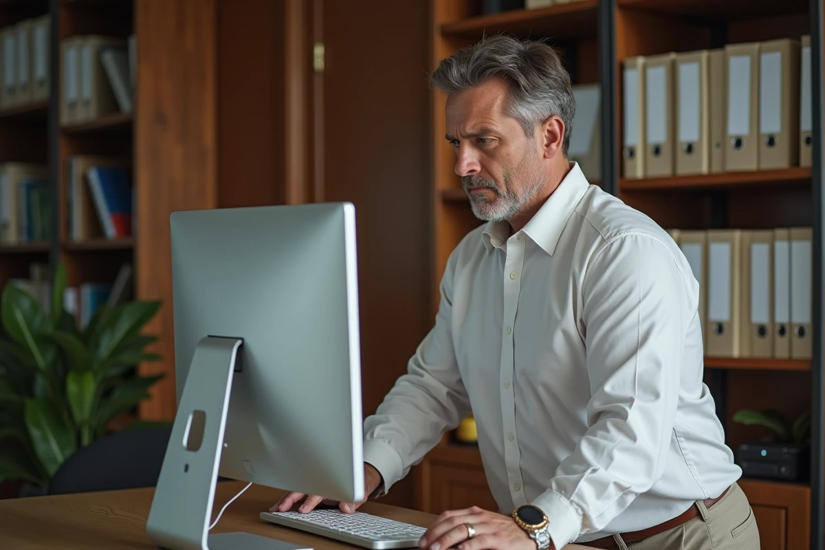 Homme en chemise blanche concentré devant un écran d'ordinateur dans un bureau à domicile, illustrant la relecture attentive d'un email professionnel pour corriger une erreur de conjugaison