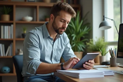 Jeune homme au bureau moderne utilisant une tablette pour travailler