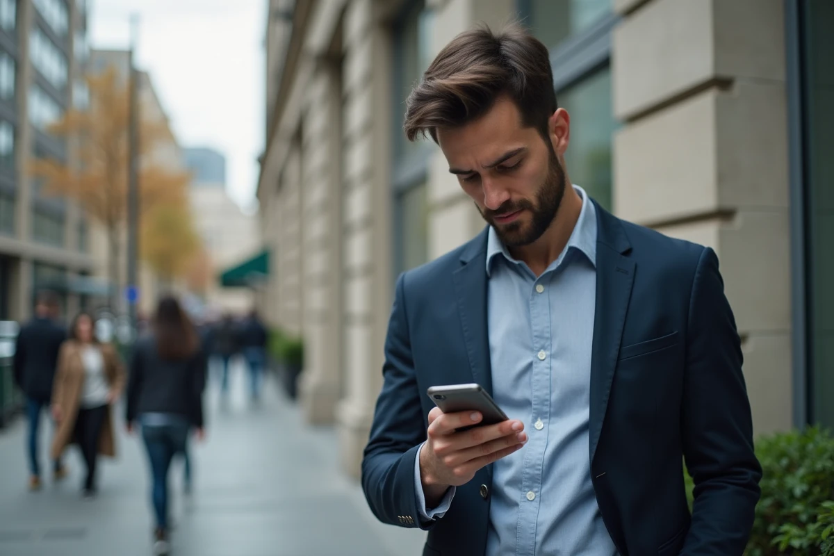 Jeune homme professionnel utilisant son smartphone en ville