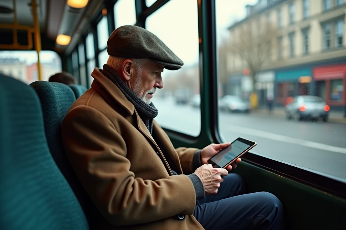 Homme âgé utilisant une tablette dans un bus urbain