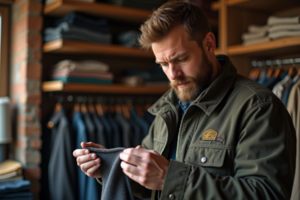 Homme examinant un vêtement avec détails de couture authentique