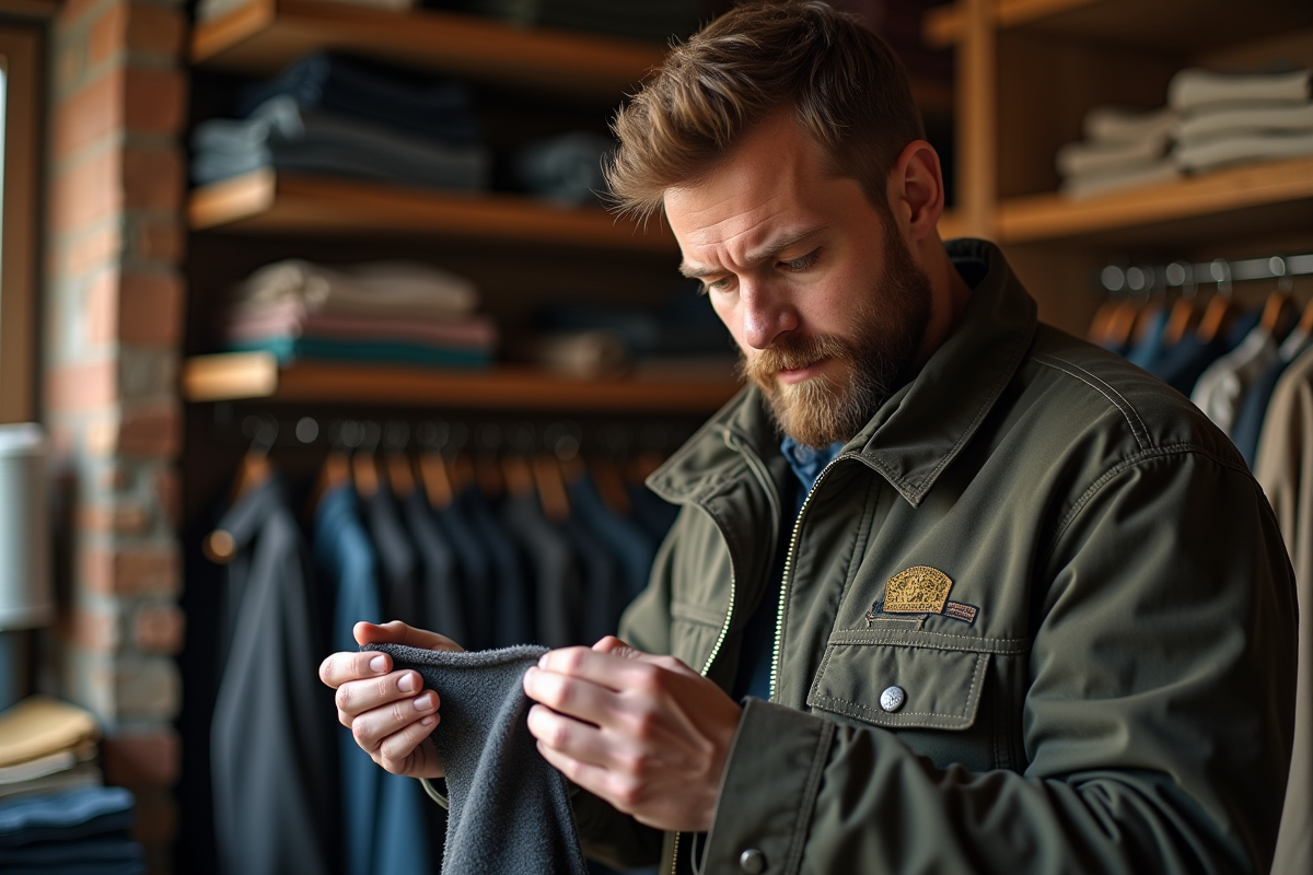 Homme examinant un vêtement avec détails de couture authentique