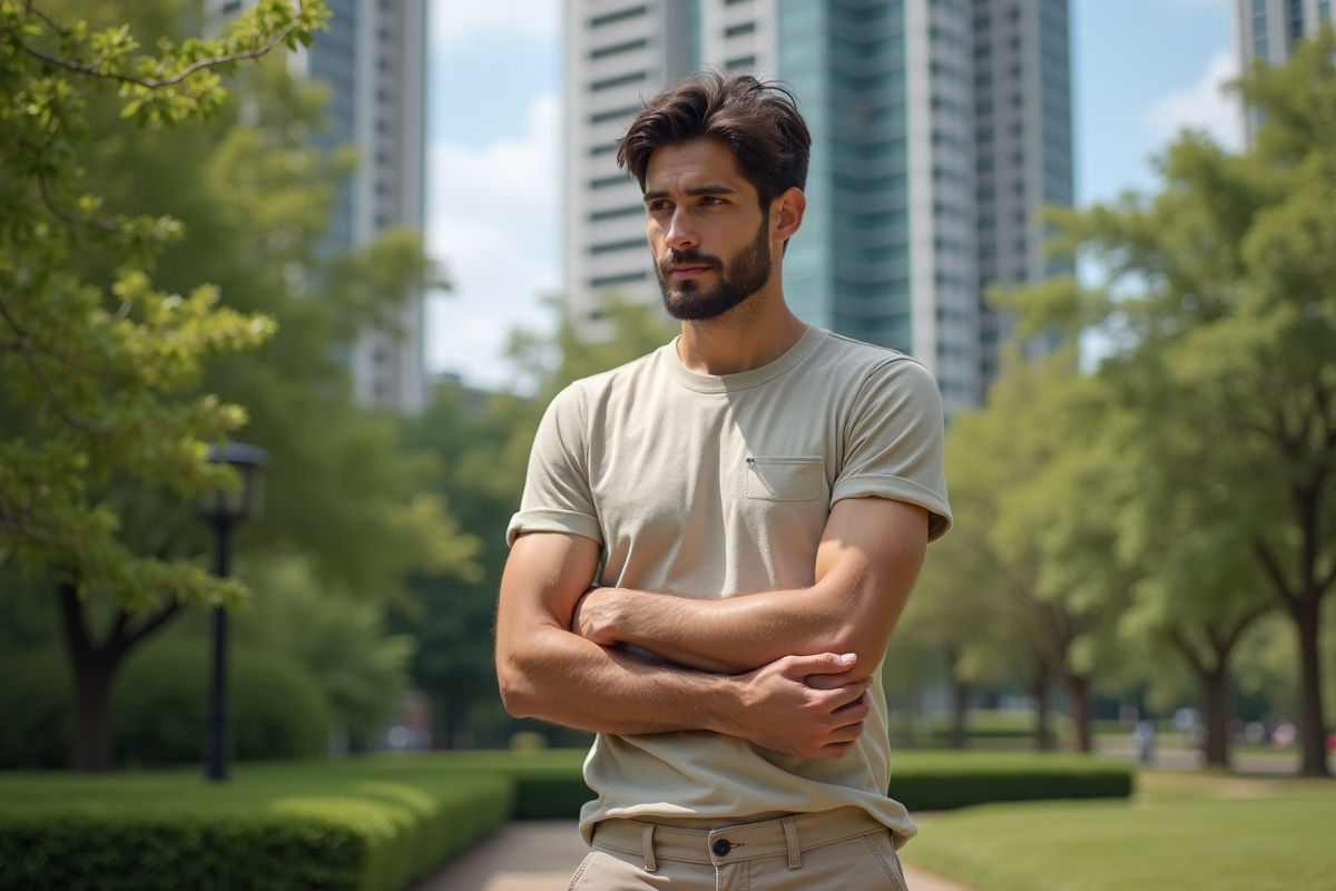 Homme en parc urbain vérifiant une étiquette de vêtement écologique