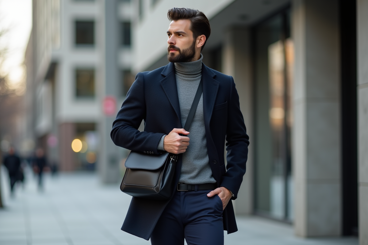 Homme élégant en ville avec sac à bandoulière noir