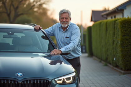 Homme d'âge moyen fermant le capot d'une voiture dans une allée