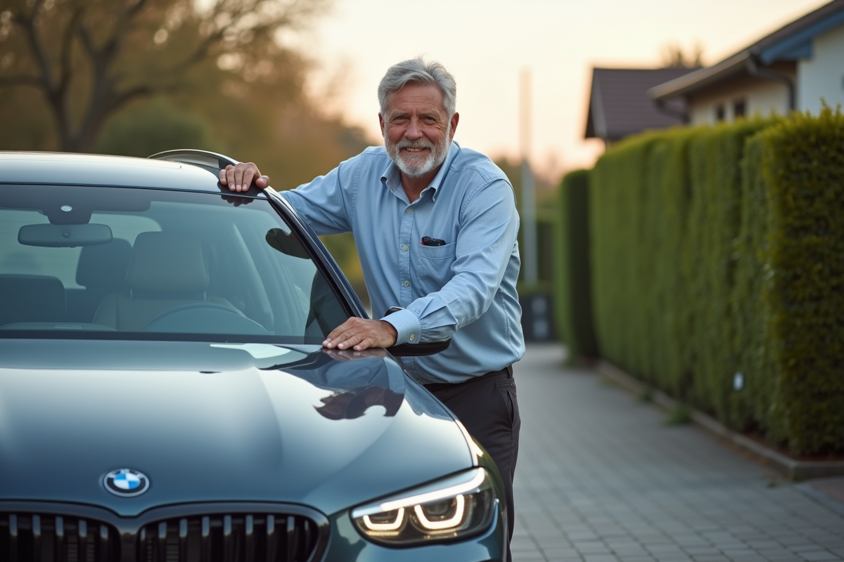 Homme d'âge moyen fermant le capot d'une voiture dans une allée