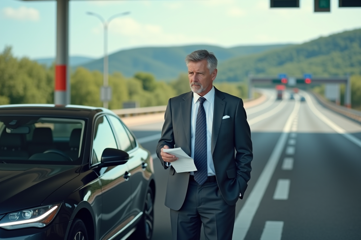 Homme d'affaires devant son véhicule au péage en France