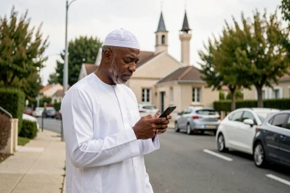 Homme consultant les horaires de prière sur son téléphone devant une mosquée en banlieue parisienne