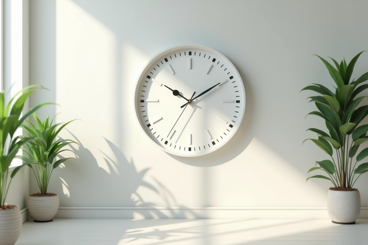 Grande horloge murale blanche dans un salon lumineux avec minuterie digitale