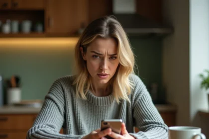 Femme inquiète regardant un numéro de téléphone inconnu sur son smartphone à la maison