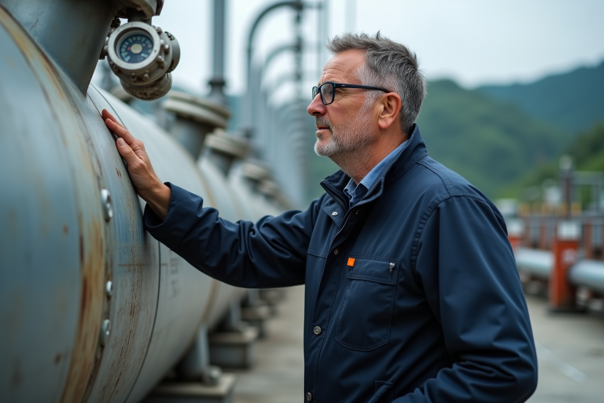 Ingénieur inspectant un réservoir d'hydrogène industriel