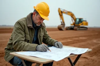 Ingénieur sur un chantier de terrassement consultant des plans de superficie en mètres carrés et hectares
