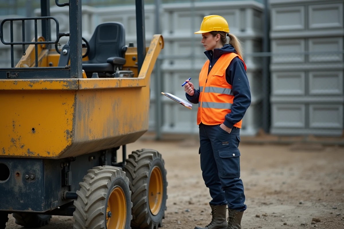 Responsable sécurité féminine inspectant un mini dumper arrêté sur un chantier avec liste de contrôle, équipements de protection individuelle visibles