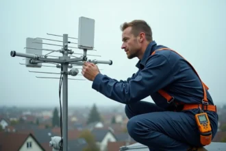 Installateur d'antenne TNT ajustant une antenne Yagi sur un toit résidentiel avec un harnais de sécurité