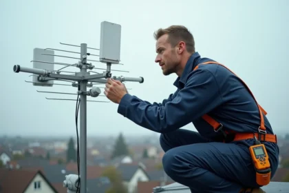 Installateur d'antenne TNT ajustant une antenne Yagi sur un toit résidentiel avec un harnais de sécurité