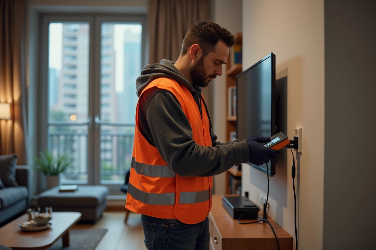 Installateur raccordant un câble coaxial à une prise murale TNT dans un appartement moderne